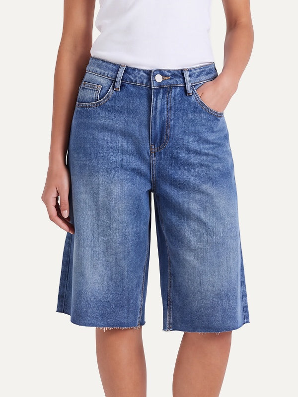 Women's Raw Hem Wide-Leg Denim Bermuda Shorts
