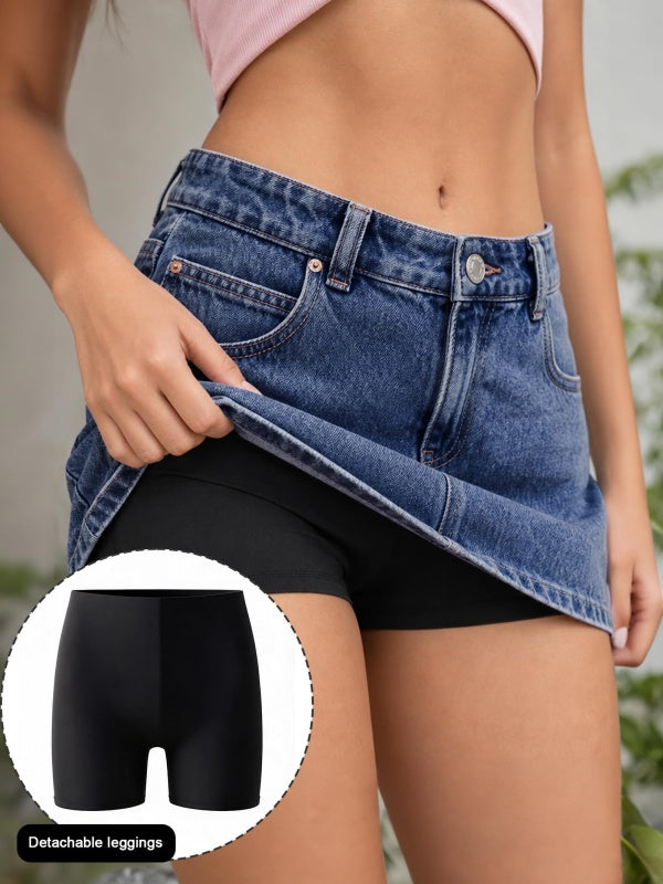 Mid Rise Denim Skirt With Undershorts