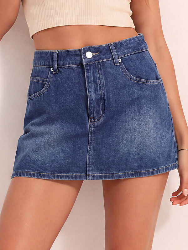 Mid Rise Denim Skirt With Undershorts