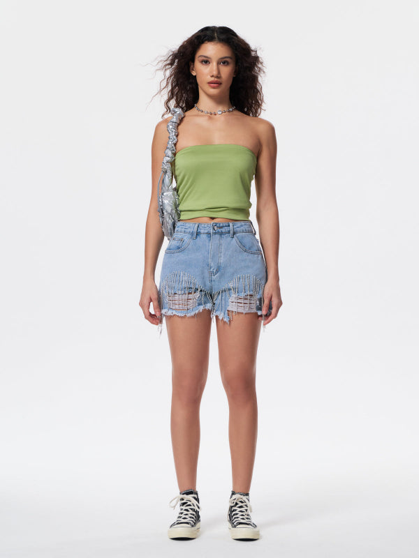 Ripped Tassel Chain Denim Shorts