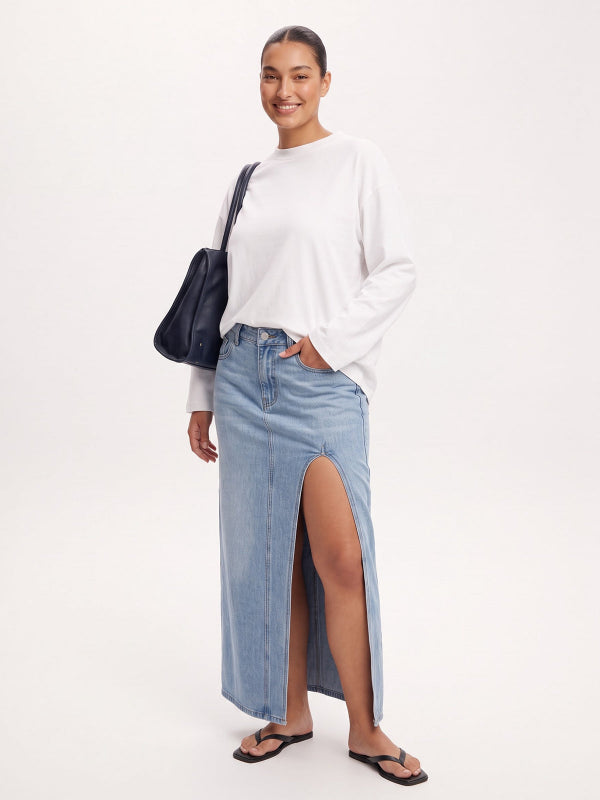 Women's Side Slit Denim Maxi Skirt