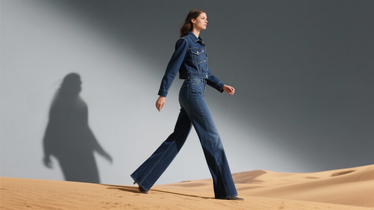 Jeanswest classic denim collection - woman wearing blue denim jacket and jeans walking in desert