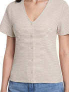 Jeanswest Women's Textured V-Neck Tee | WTO-18306 Short Sleeve Cotton Blend | Striped T-Shirt | Casual Friday