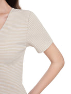 Jeanswest Women's Textured V-Neck Tee | WTO-18306 Short Sleeve Cotton Blend | Striped T-Shirt | Casual Friday
