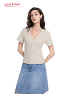 Jeanswest Women's Textured V-Neck Tee | WTO-18306 Short Sleeve Cotton Blend | Striped T-Shirt | Casual Friday