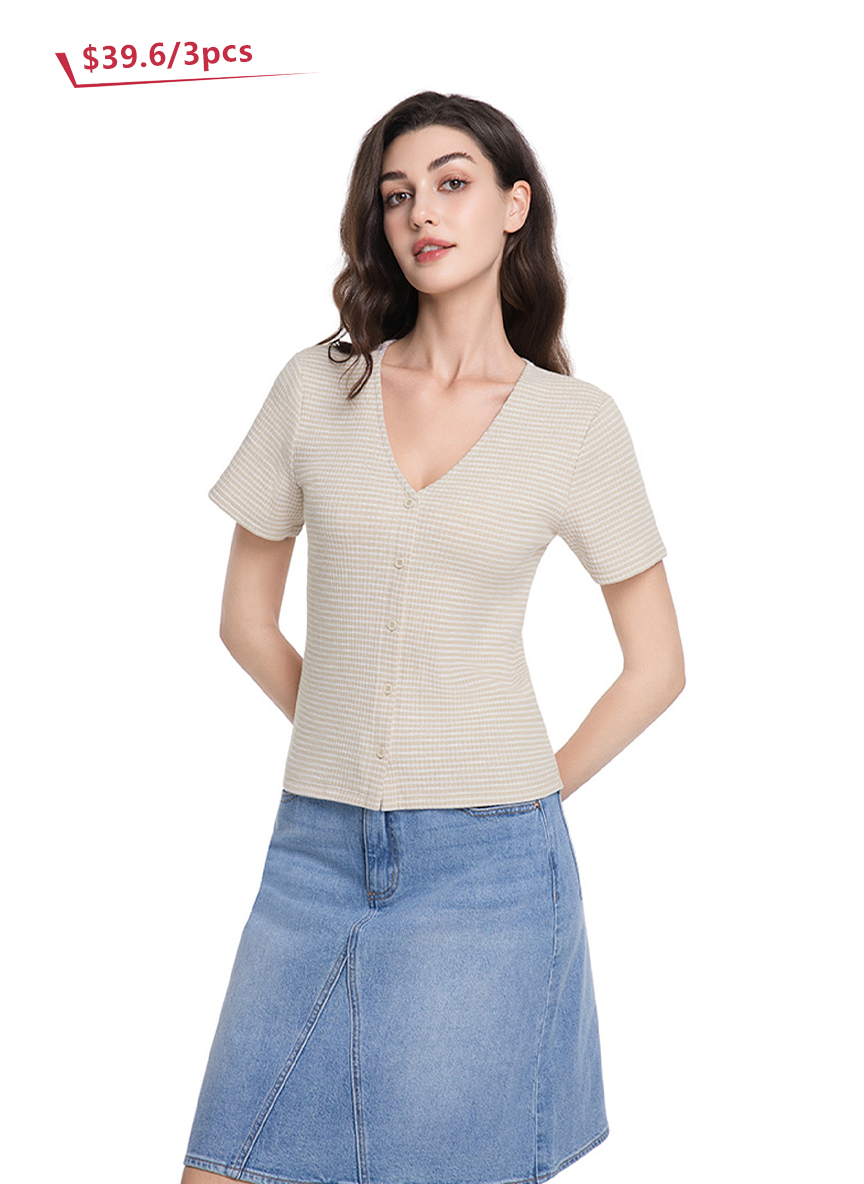 Jeanswest Women's Textured V-Neck Tee | WTO-18306 Short Sleeve Cotton Blend | Striped T-Shirt | Casual Friday