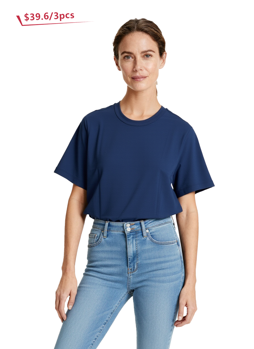 Jeanswest Women's 100% Cotton Crew Neck Tee | WTO-15646 Classic Short Sleeve T-Shirt | Navy White | Essential Basic |