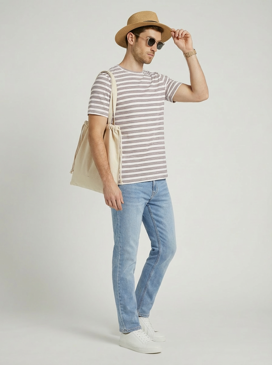 Jeanswest Men’s Everyday Outfit – Textured Stripe Tee + Slim Tapered Jeans