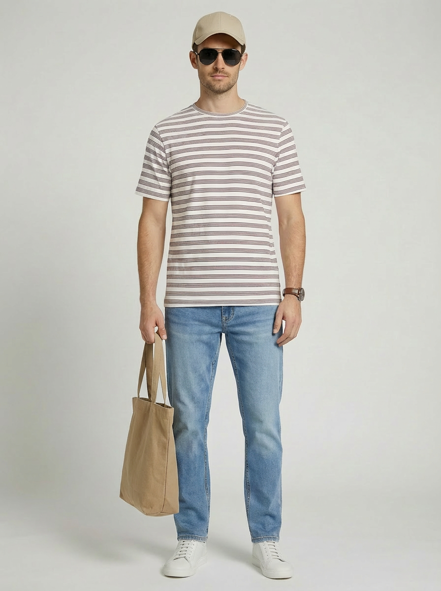 Jeanswest Men’s Everyday Outfit – Textured Stripe Tee + Slim Tapered Jeans
