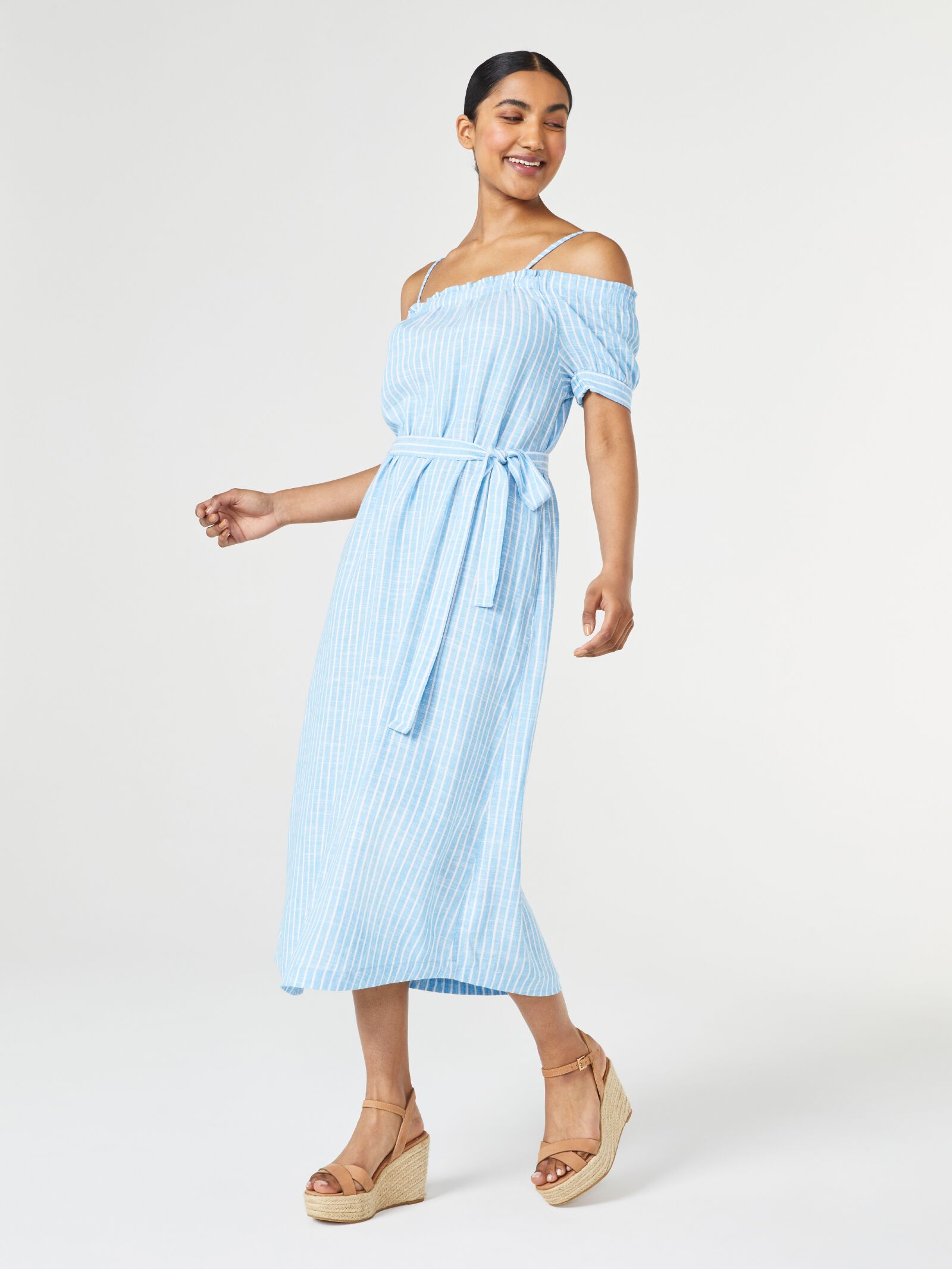 Blue striped off the shoulder dress outlet