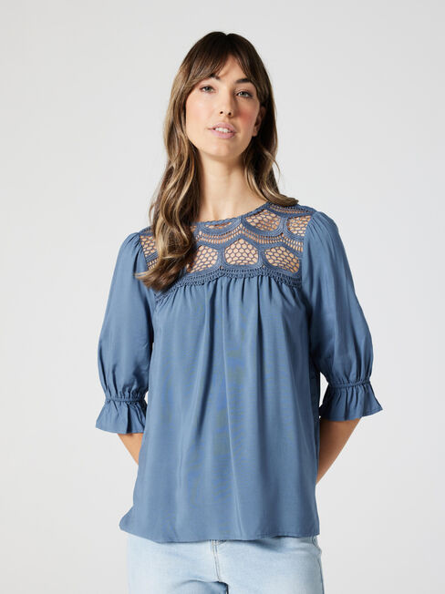 Willow Lace Detail Top, Dusty Blue, hi-res