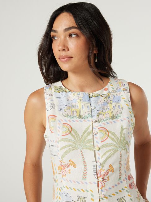 Jenna Linen Button Thru Top, Print, hi-res