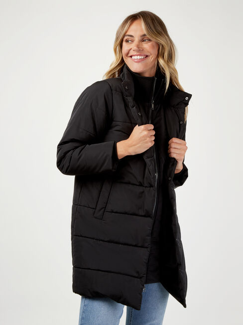 Ira Double Zip Longline Padded Jacket, Black, hi-res