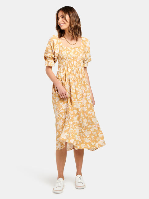 Shell Shirred Bust Dress, Yellow, hi-res