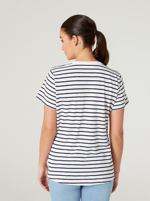 Essential V-Neck Tee, White & Navy Stripe, hi-res