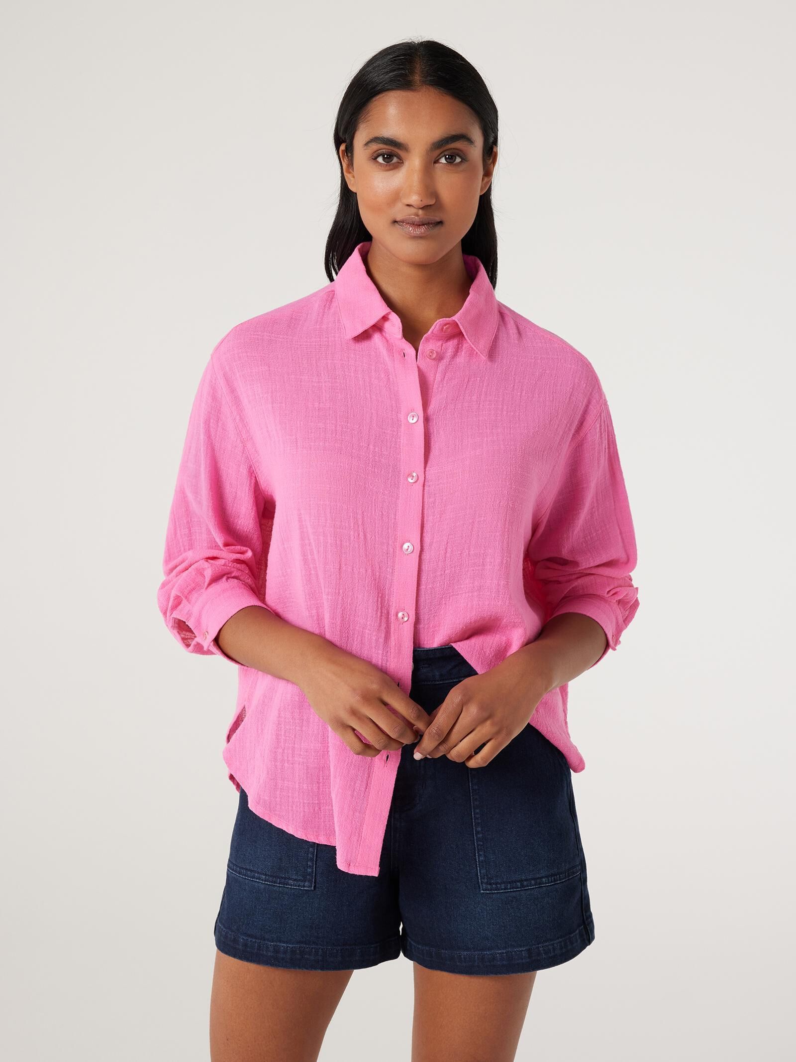 Pink button up shirt womens deals
