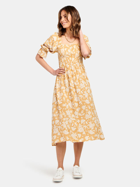 Shell Shirred Bust Dress, Yellow, hi-res