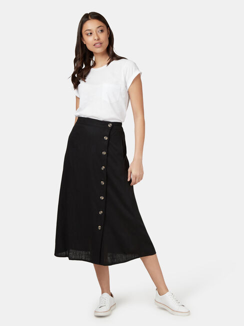 Daisy Button Front Skirt, Black, hi-res