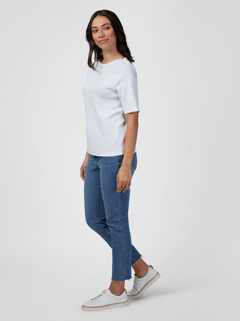 Rib Elbow Sleeve Boatneck Tee, White, hi-res