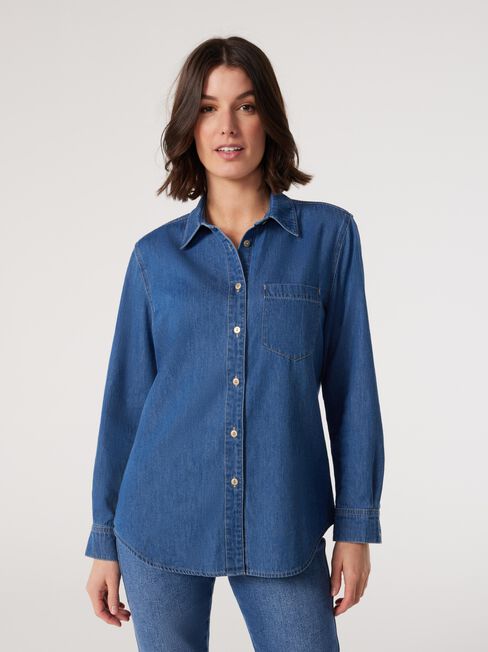 Mia Essential Denim Shirt, Mid Vintage, hi-res