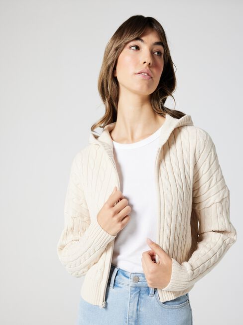 Celia Zip Thru Hooded Knit, Brown, hi-res