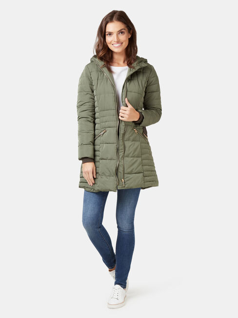 Rory Longline Padded Puffer Jacket, Green, hi-res