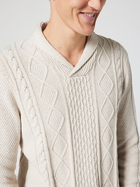 Moby Cable Shawl Neck Knit, Oatmeal Marle, hi-res