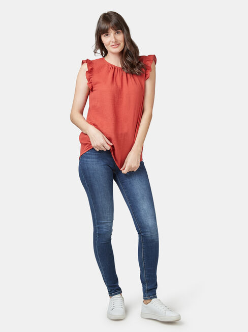 Frida Textured Frill Sleeve Top, Red, hi-res