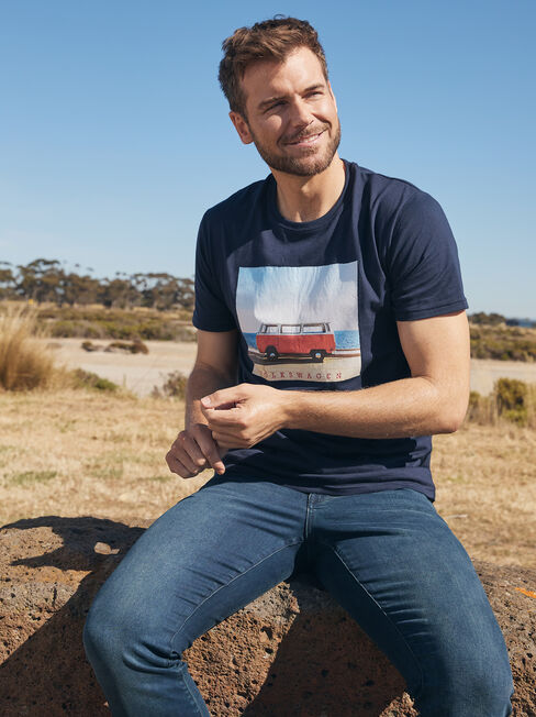 SS VW Beach Print Crew Tee, Blue, hi-res