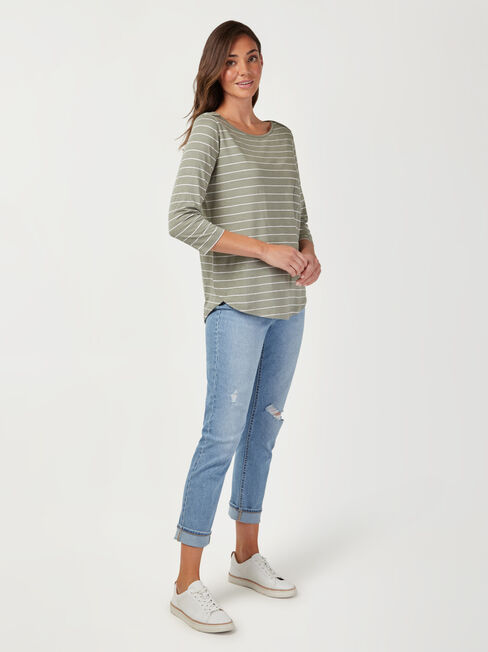 Essential Boatneck Tee, Green Stripe, hi-res