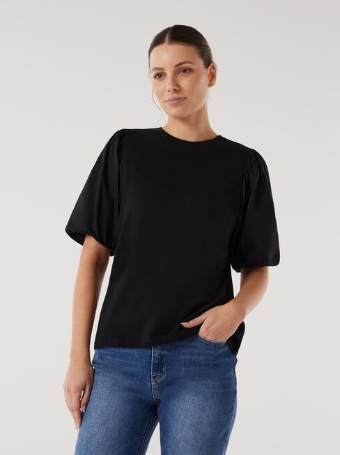Charlie Cotton Puff Sleeve Top, Black, hi-res