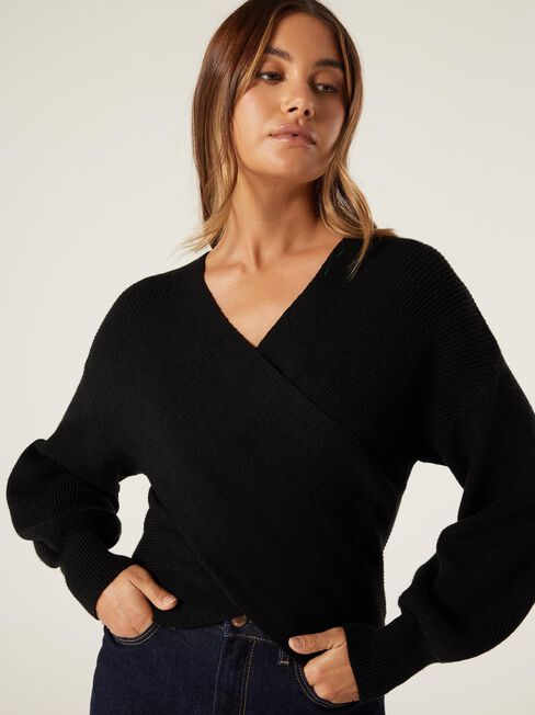 Ruby Rib Cross Front Knit, Black, hi-res
