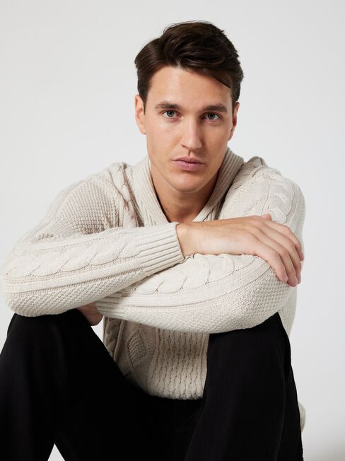 Moby Cable Shawl Neck Knit, Oatmeal Marle, hi-res