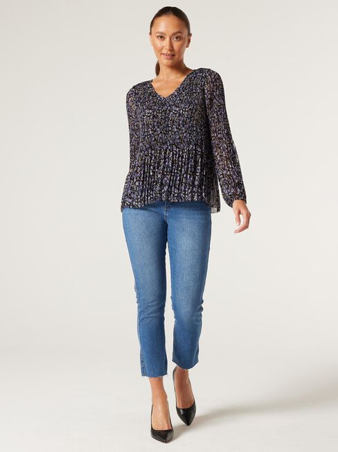 Penny Pleated V-Neck Top, Midnight Ditsy, hi-res