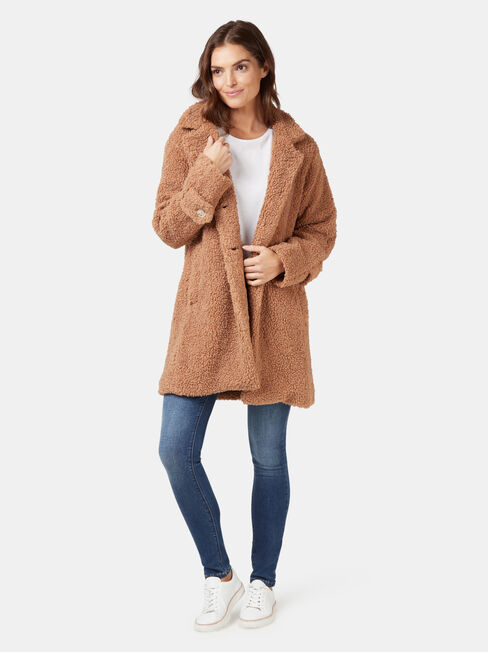 Kyra Longline Teddy Jacket, Brown, hi-res