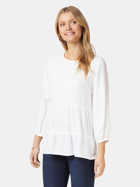 Olivia Long Sleeve Tiered Top, White, hi-res