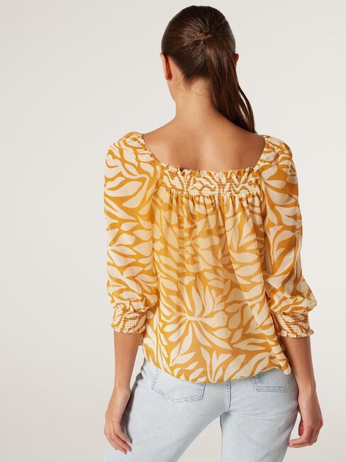 Steph Square Neck Shirred Blouse, Golden Leaf, hi-res