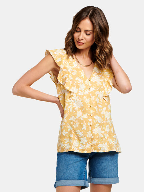 Penelope Flutter Slv Top, Yellow, hi-res
