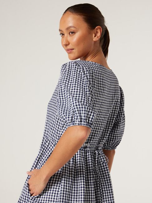 Heni V-Neck Dress, White/Navy Gingham, hi-res