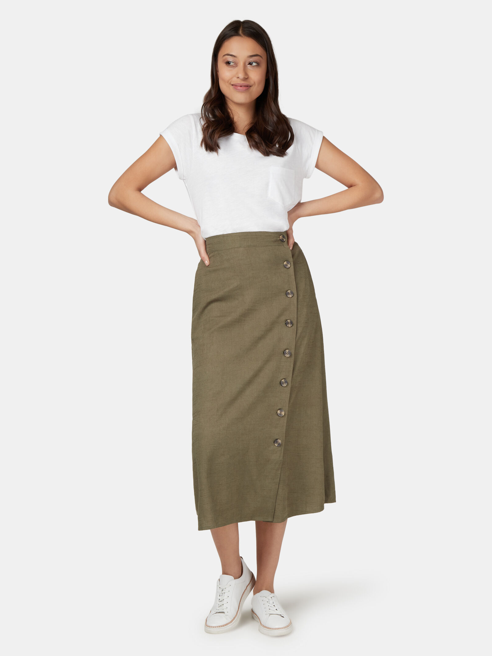 Khaki button front midi skirt top