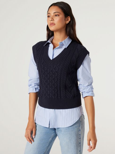 Isadora Cable Knit Vest, Ink, hi-res