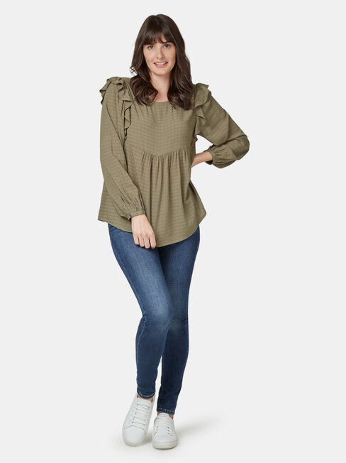 Liza Check Frill Top, Green, hi-res