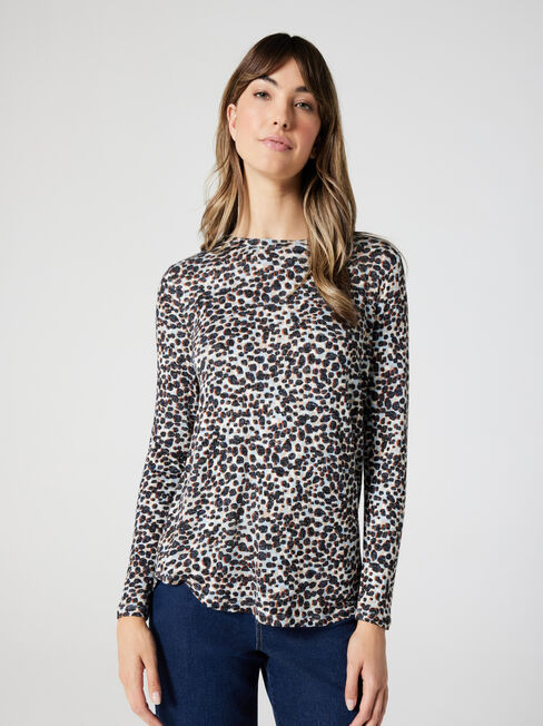 Sophie Soft Touch Curve Hem Pullover, Blue Leopard, hi-res