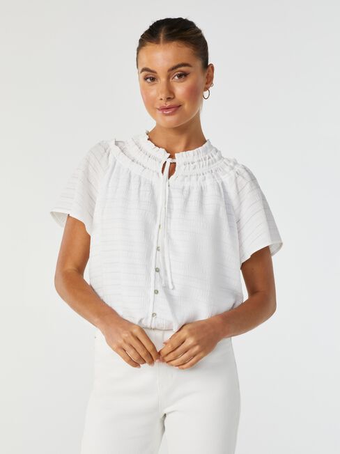 Finn Textured Tie Neck Blouse, White, hi-res