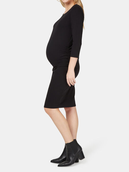 Michaela Gathered Maternity Dress, Black, hi-res