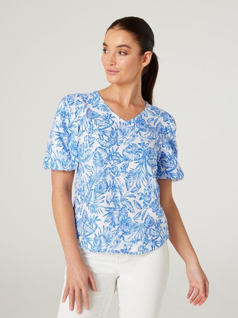 Carla Puff Sleeve Top, Blue Botanical, hi-res