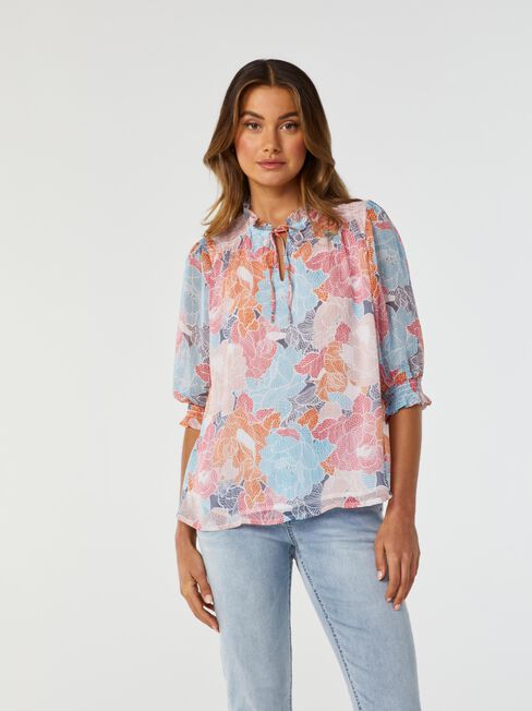 Reef Lurex Puff Sleeve Blouse, Floral, hi-res