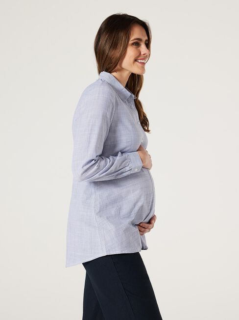 Harper Peplum Maternity Shirt, White & Navy Stripe, hi-res