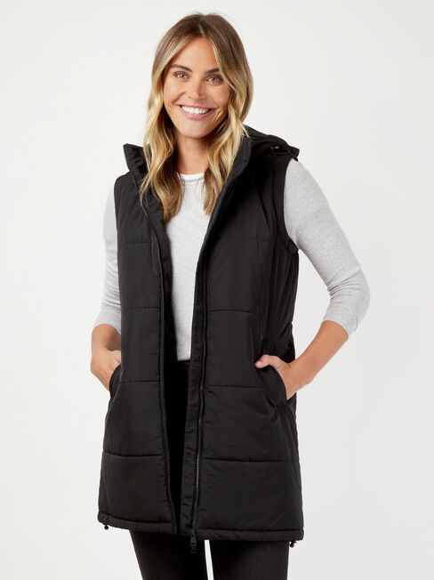 Belinda Longline Padded Vest, Black, hi-res
