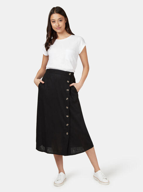 Daisy Button Front Skirt, Black, hi-res